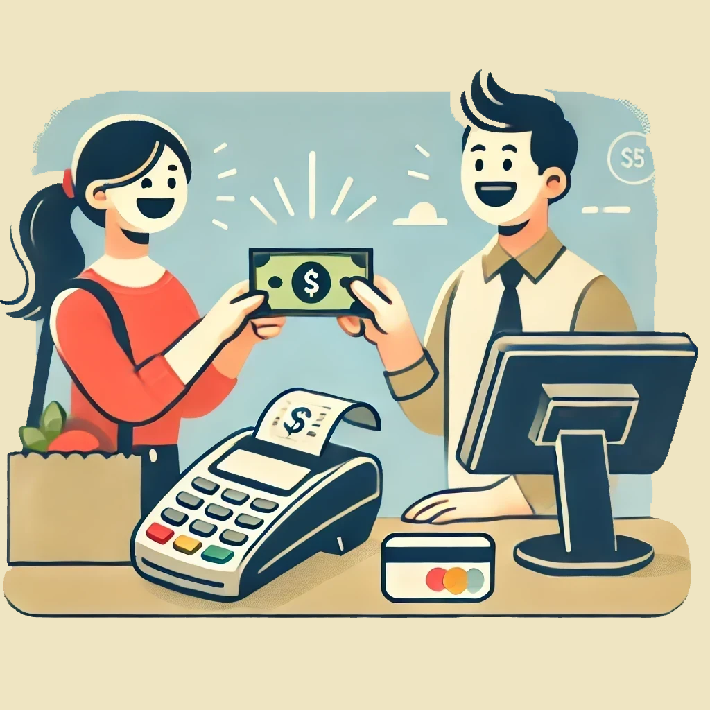 Illustration of a customer paying cash at a checkout counter with a card terminal, receipt printer, and register