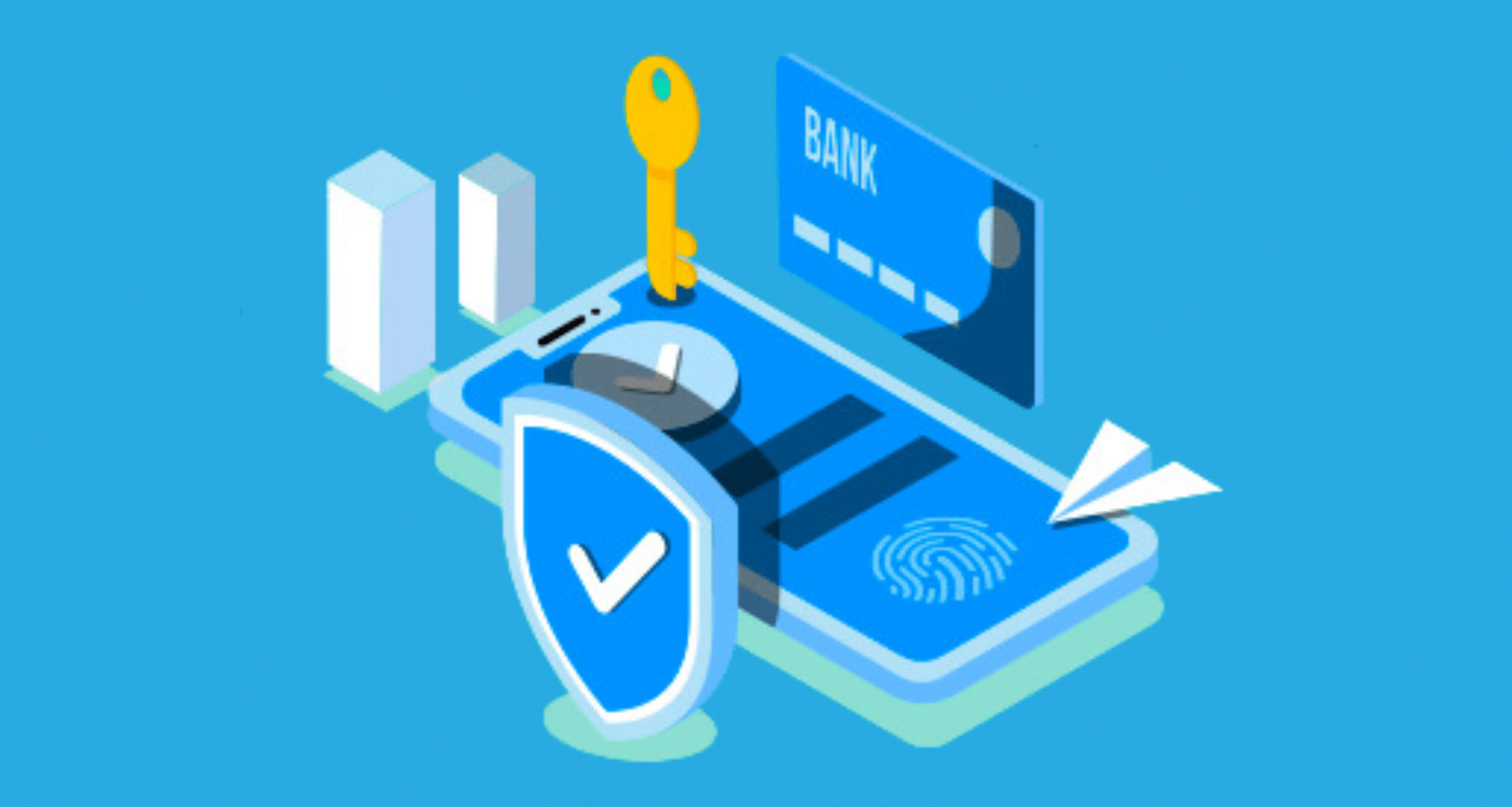 Illustration of payment security: a phone with a fingerprint scan, a shield with a check mark, a key, and a bank card