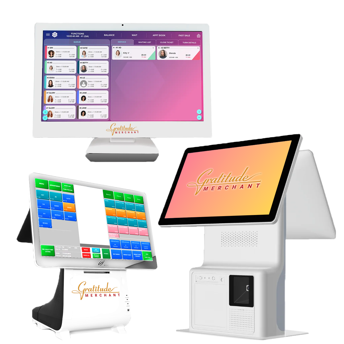 Three Gratitude Merchant POS systems: a touchscreen showing a salon service queue, a dual-screen restaurant register, and a freestanding system with a built-in scanner