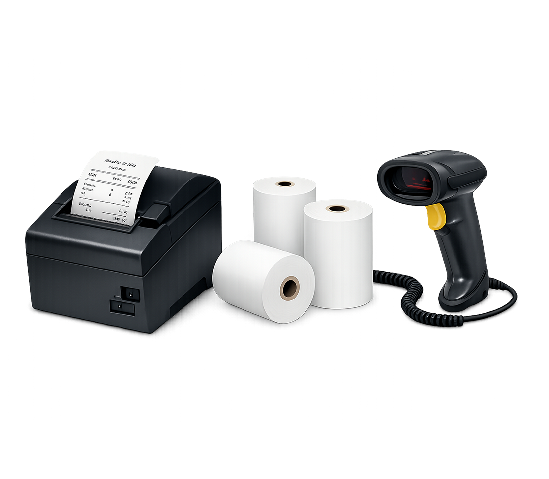 A receipt printer, three rolls of receipt paper, and a handheld barcode scanner