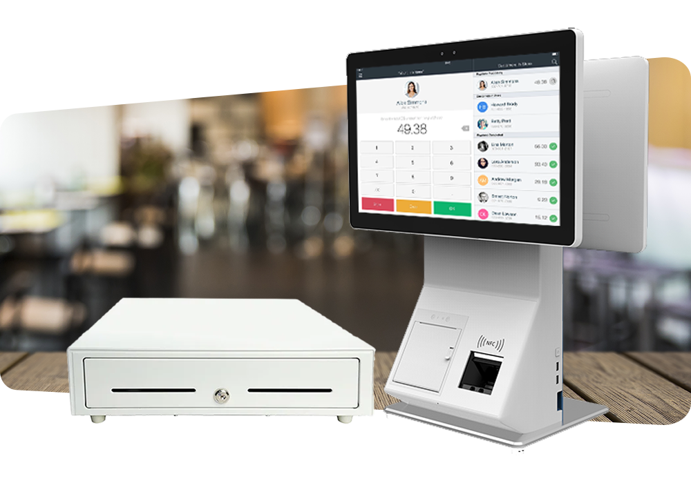 All-in-One POS touchscreen register with customer display and cash drawer