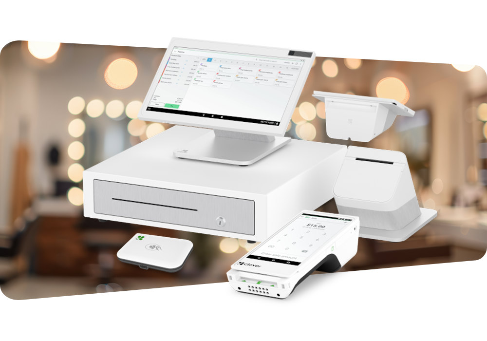 Clover Station, Mini, Flex and Go devices with cash drawer and printer