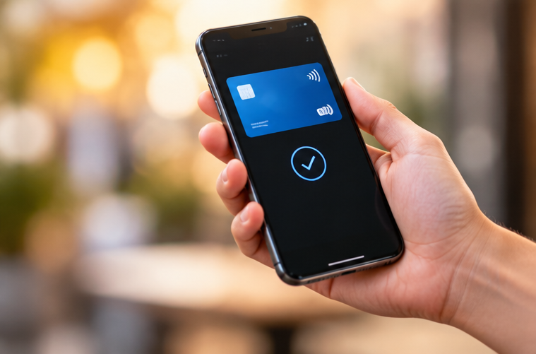A customer holding a phone showing a contactless card payment approved